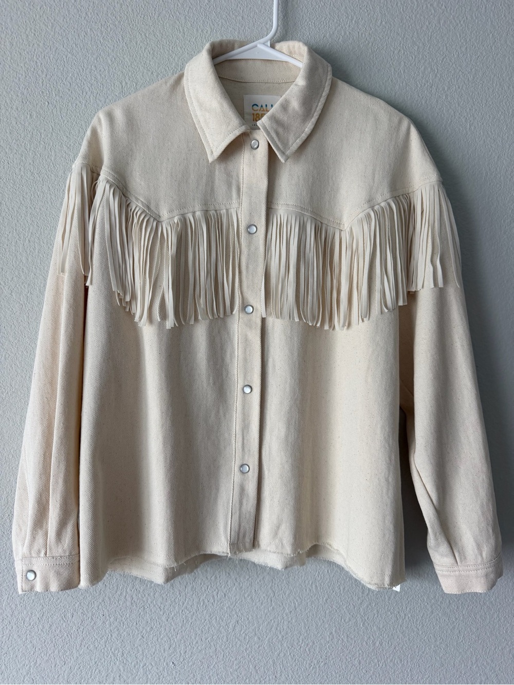 Cali1850 Fringe Twill Jacket Womens S Cream Western Boho Snap Button NWT Shacket